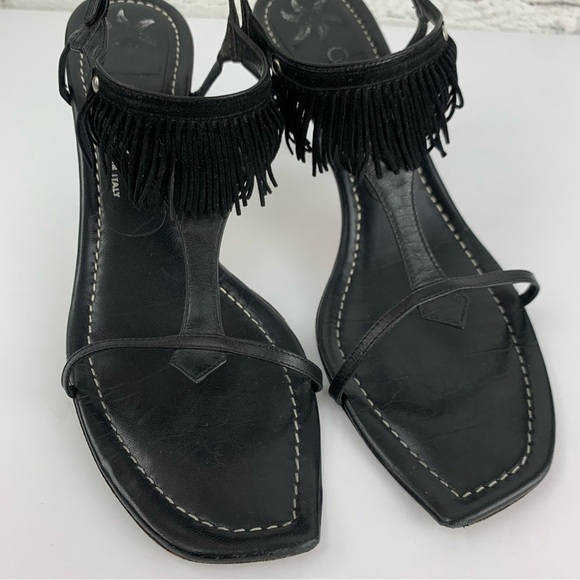 Vintage Gunmetal Italy Black Leather Slingback Fringe Tassel Sandal Heels 8.5B - Picture 9 of 10